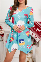 Lichtblauwe casual print Kerstman asymmetrische V-hals jurken met lange mouwen