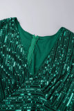 Robe longue verte élégante à paillettes solides, patchwork, col en V