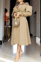 Khaki Casual Patchwork Contrast Turn-back Collar Long Sleeve Dresses