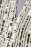 Vestido longo branco creme elegante com lantejoulas sólidas patchwork com decote em V