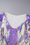 Burgundy Elegant Print Sequins Patchwork Zipper V Neck Wrapped Skirt Dresses