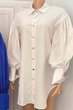 Blue Elegant Solid Patchwork Buckle Slit Shirt Collar Long Sleeve Plus Size Dresses