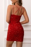 Burgundy Sexy Solid Sequins Patchwork Backless Spaghetti Strap Wrapped Skirt Dresses