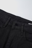 Jean skinny taille haute en denim déchiré noir uni avec poches en patchwork et fermeture éclair