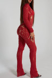 Red Street Solid Ripped Patchwork O Neck Skinny Jumpsuits