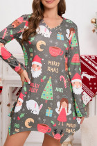 Cinza casual estampado Papai Noel assimétrico com decote em V vestidos de manga comprida