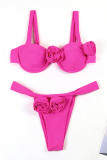 Rose Red Solid Patchwork Swimwears