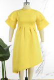 Yellow Casual Solid Patchwork Half A Turtleneck Irregular Dress Plus Size Dresses