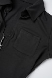 ブラック カジュアル ソリッド 包帯 パッチワーク ポケット ジッパー ターンダウン カラー レギュラー ロンパース