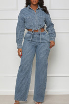 Blue College Solid Patchwork Draw String Pocket Buckle Turndown Collar Long Sleeve Two Pieces Cropped Tops And Pants Sets