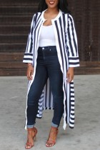 Black White Casual Striped Print Cardigan Outerwear