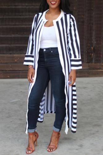 Schwarz-weiße, lässige Cardigan-Oberbekleidung mit Streifendruck