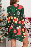 Vestidos con estampado casual de Papá Noel con cuello en V asimétrico y manga larga verde oscuro