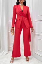 Red Casual Solid Turndown Collar Long Sleeve Two Pieces