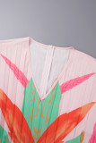 Abrikoos Casual print geplooide V-hals met lange mouwen Grote maten jurken