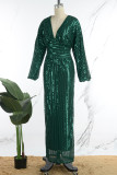 Зеленые элегантные однотонные блестки в стиле пэчворк с длинными платьями с V-образным вырезом