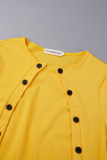 Yellow Elegant Patchwork Patchwork Pocket Buckle O Neck Long Sleeve Two Pieces