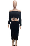 Black Sweet Solid Bandage Patchwork Fold Off the Shoulder Long Sleeve Two Pieces