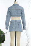 Blue Casual Solid Patchwork With Belt Turndown Collar Long Sleeve Two Pieces