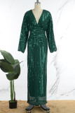 Vestidos longos verdes elegantes de lantejoulas sólidas com decote em V