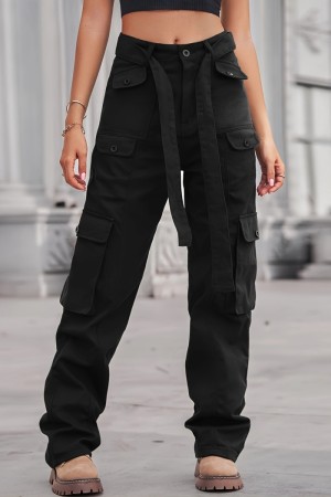 Black Casual Solid Patchwork High Waist Straight Cargo Denim Jeans