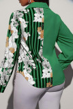 Verde elegante estampa escavada patchwork fivela camisa tops com gola