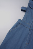 Blue Elegant Solid Patchwork Pocket Buckle Zipper Turndown Collar Sleeveless Regular Slim Chest Wrap Lapels Denim Jumpsuits
