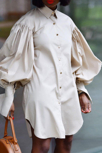 Apricot Elegant Solid Patchwork Buckle Slit Shirt Collar Long Sleeve Plus Size Dresses