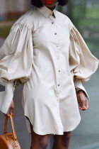 Albaricoque Elegante Patchwork liso Hebilla Abertura Cuello camisero Manga larga Vestidos de talla grande