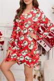 Vermelho branco casual estampado Papai Noel assimétrico decote em V vestidos de manga comprida