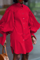 Red Elegant Solid Patchwork Buckle Slit Shirt Collar Long Sleeve Plus Size Dresses