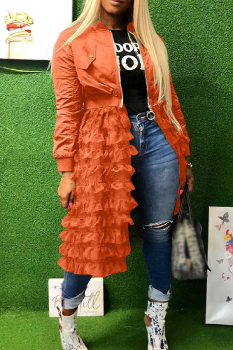 Orangefarbener, lässiger, einfarbiger Patchwork-Mantel mit Reißverschlusskragen in Übergröße