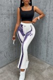 White Casual Print Basic Regular High Waist Conventional Positioning Print Trousers