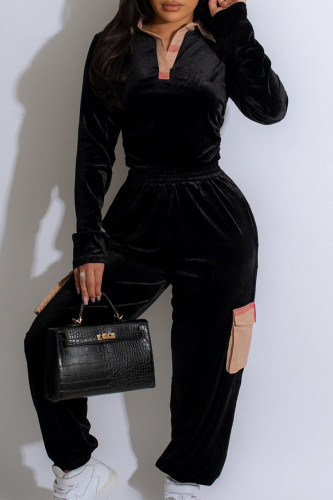 Black Casual Color Block Patchwork Pocket V Neck Long Sleeve Two Pieces
