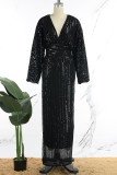 Robe longue noire élégante à paillettes solides, patchwork, col en V