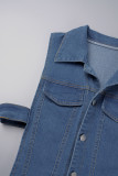Azul elegante sólido retalhos bolso fivela zíper turndown colarinho sem mangas macacões jeans regulares