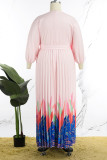 Pink Casual Print Pleated V Neck Long Sleeve Plus Size Dresses