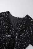Robe longue noire élégante à paillettes solides, patchwork, col en V