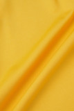 Желтый Элегантный Лоскутный Лоскутный карман Пряжка О-образный вырез Длинный рукав Две части