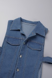 Blue Elegant Solid Patchwork Pocket Buckle Zipper Turndown Collar Sleeveless Regular Slim Chest Wrap Lapels Denim Jumpsuits