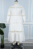 White Casual Solid Hollowed Out Patchwork Buckle Half A Turtleneck Long Sleeve Plus Size Dresses
