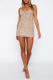 Apricot Sexy Casual Solid Sequins Draw String Backless Spaghetti Strap Sleeveless Dress