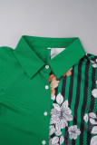 Verde elegante estampa escavada patchwork fivela camisa tops com gola