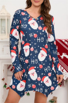 Azul escuro casual estampado Papai Noel assimétrico com decote em V vestidos de manga comprida