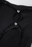 Robe fourreau noire Sexy, couleur unie, ajourée, Patchwork, perceuse chaude, col rond