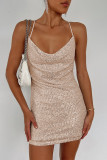 Apricot Sexy Casual Solid Sequins Draw String Backless Spaghetti Strap Sleeveless Dress