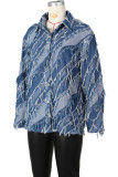 Blue Street Color Block Tassel Patchwork Buckle Turndown Collar Long Sleeve Straight Denim Jacket