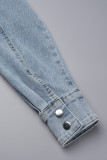 Patchwork solido casual blu con cintura colletto rovesciato manica lunga due pezzi