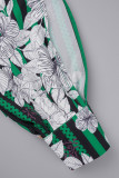 Зеленые элегантные топы с воротником-рубашкой с пряжкой и принтом в стиле пэчворк