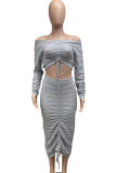 Grey Sweet Solid Bandage Patchwork Fold Off the Shoulder Long Sleeve Two Pieces